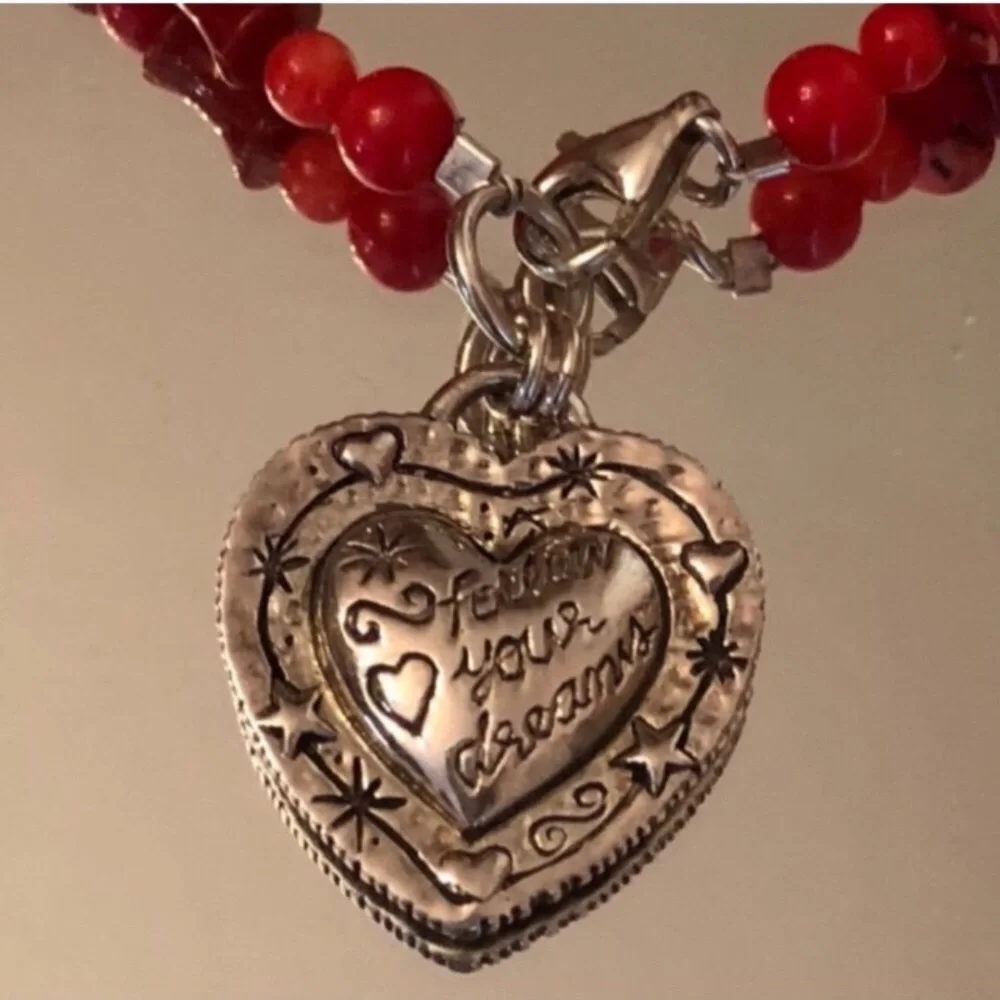 Rare Vintage Silpada Red Coral Sterling Silver Heart Charm Bracelet B0937